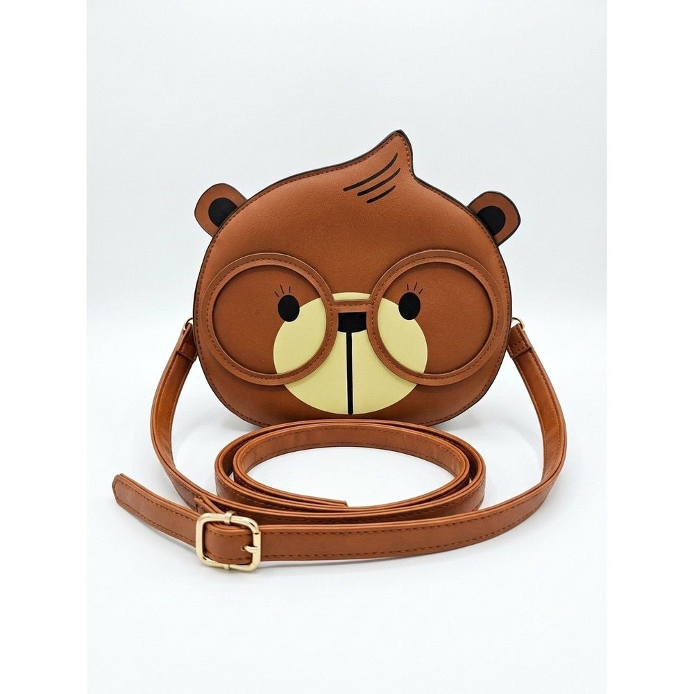 Cute Novelty Nerdy Bear Crossbody Bag Brown Faux Leather Cartoon Glasses Round